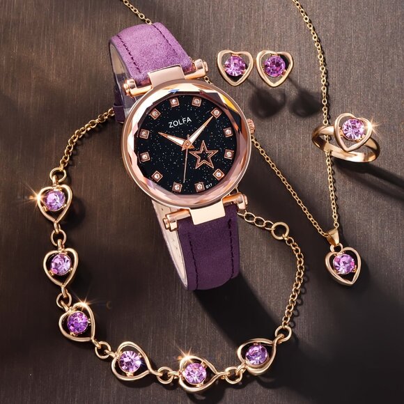 5 pcs Quartz Pu Leather Wrist Watch and Necklace Set - Picture 5 of 8